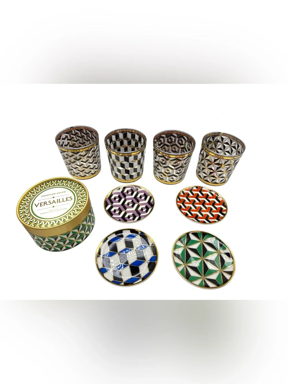 Jonathan Adler Versailles Cocktail Glasses + Porcelain Coasters — Set of 4 Each